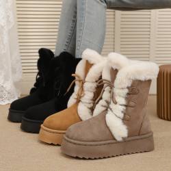 英倫風松糕厚底雪地靴女2025冬季新款圓頭系帶加絨保暖中筒棉靴子