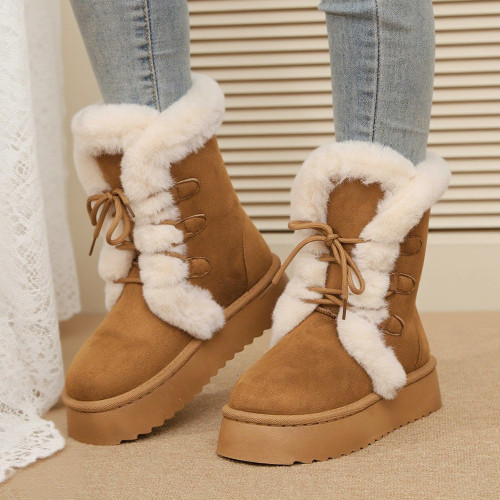 英倫風松糕厚底雪地靴女2025冬季新款圓頭系帶加絨保暖中筒棉靴子 英倫風松糕厚底雪地靴女2025冬季新款圓頭系帶加絨保暖中筒棉靴子