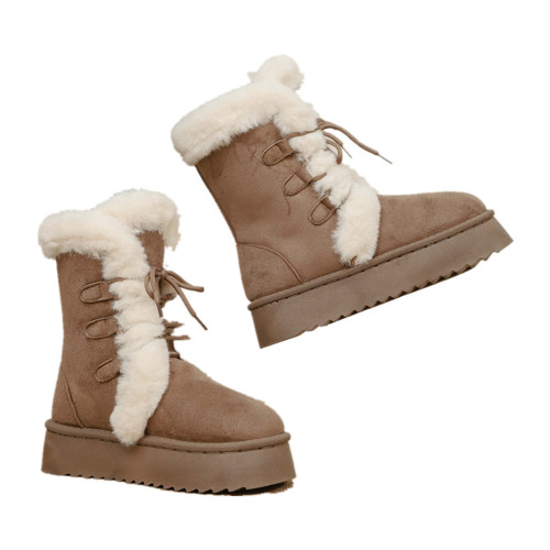 英倫風松糕厚底雪地靴女2025冬季新款圓頭系帶加絨保暖中筒棉靴子 英倫風松糕厚底雪地靴女2025冬季新款圓頭系帶加絨保暖中筒棉靴子