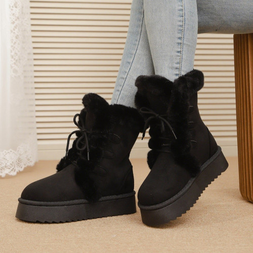 英倫風松糕厚底雪地靴女2025冬季新款圓頭系帶加絨保暖中筒棉靴子 英倫風松糕厚底雪地靴女2025冬季新款圓頭系帶加絨保暖中筒棉靴子