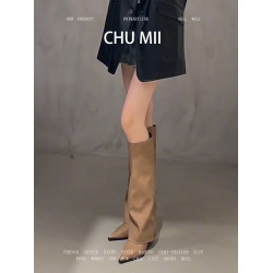 羊皮版~復古棕色不過膝長靴女尖頭細跟百搭褲琯靴顯瘦氣質騎士靴