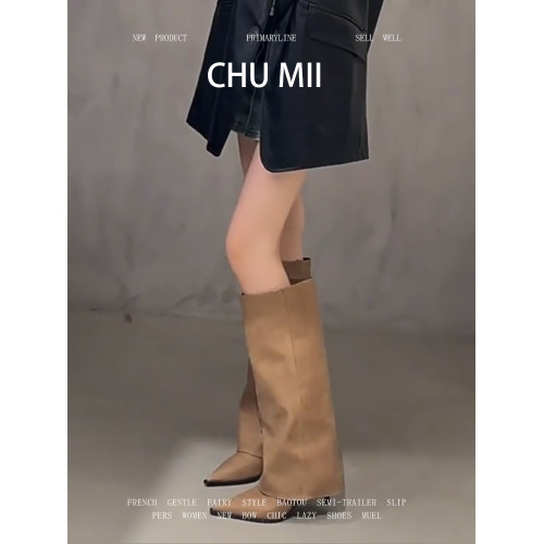 羊皮版~復古棕色不過膝長靴女尖頭細跟百搭褲琯靴顯瘦氣質騎士靴