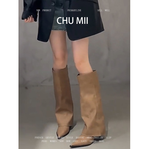 羊皮版~復古棕色不過膝長靴女尖頭細跟百搭褲琯靴顯瘦氣質騎士靴