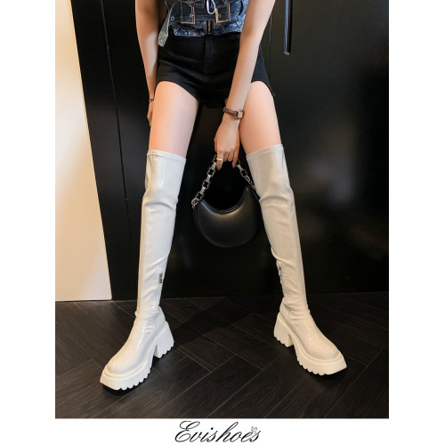 白色短靴彈力長靴子女小個子漆皮厚底高筒靴防水台過膝長筒騎士靴 白色短靴彈力長靴子女小個子漆皮厚底高筒靴防水台過膝長筒騎士靴
