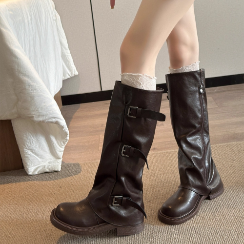 復古英倫風長筒靴女2025春秋新款顯瘦厚底高筒美拉德堆堆靴騎士靴