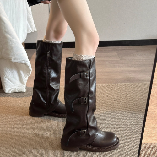 復古英倫風長筒靴女2025春秋新款顯瘦厚底高筒美拉德堆堆靴騎士靴