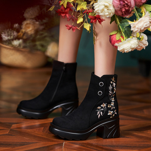 民族風手工短靴秋冬圓頭松糕底厚底女靴復古風軟底馬丁靴短筒綉花 民族風手工短靴秋冬圓頭松糕底厚底女靴復古風軟底馬丁靴短筒綉花