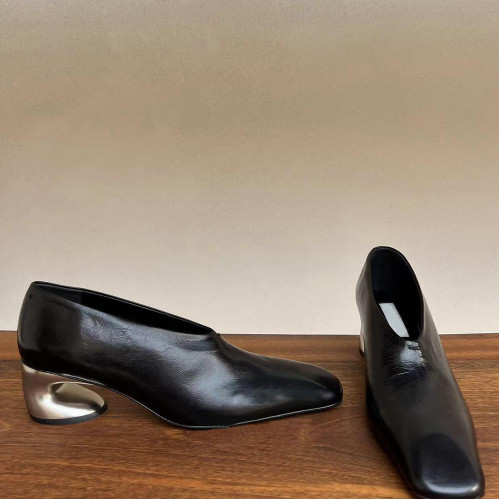 2025秋冬新款法式小踝靴高級感方頭異型跟真皮深口氣質高跟短靴女