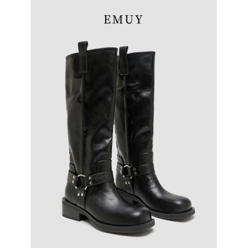 emuy靴子女秋冬新款長筒靴粗跟厚底舒適時裝高筒靴西部牛仔騎士靴