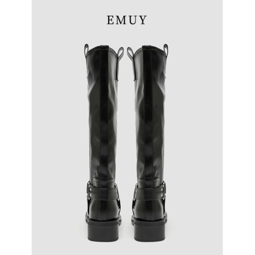 emuy靴子女秋冬新款長筒靴粗跟厚底舒適時裝高筒靴西部牛仔騎士靴