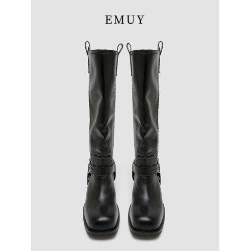 emuy靴子女秋冬新款長筒靴粗跟厚底舒適時裝高筒靴西部牛仔騎士靴
