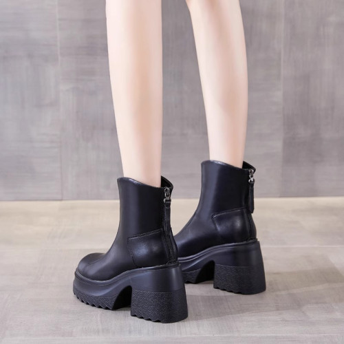 真皮馬丁靴女中筒2025新款小個子厚底高跟鞋秋冬加絨粗跟短靴顯瘦