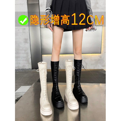 松糕厚底12cm長筒靴女小個子2025爆款不過膝白色瘦瘦靴長靴內增高