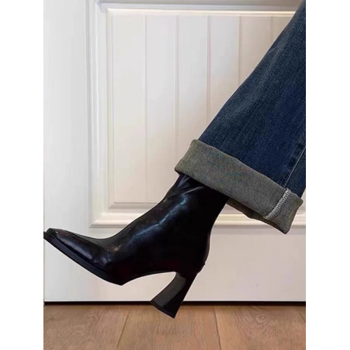 羊皮版高跟短靴女2025秋冬新款黑色法式粗跟彈力瘦瘦靴馬丁靴子女