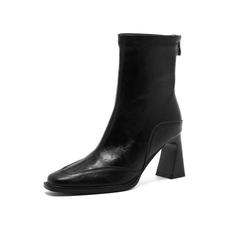 羊皮版高跟短靴女2025秋冬新款黑色法式粗跟彈力瘦瘦靴馬丁靴子女