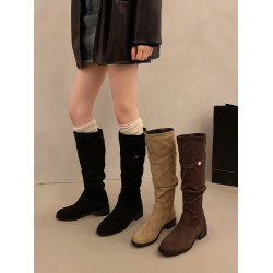 不過膝卡其色堆堆靴高筒騎士靴女鞋新款秋冬季褶皺顯瘦長筒長靴子