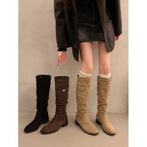 不過膝卡其色堆堆靴高筒騎士靴女鞋新款秋冬季褶皺顯瘦長筒長靴子