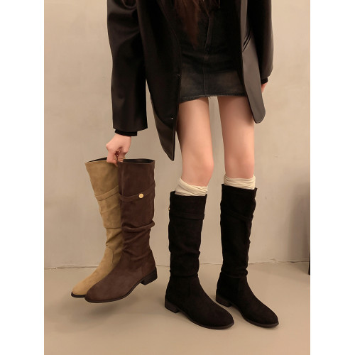 不過膝卡其色堆堆靴高筒騎士靴女鞋新款秋冬季褶皺顯瘦長筒長靴子