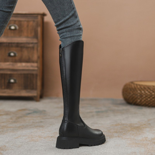 牛皮版時尚小個子厚底V口騎士靴春秋款中筒女靴內增高8公分長筒靴