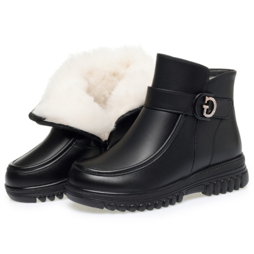 真皮媽媽棉鞋2025年冬季新款女靴加絨軟底羊毛加厚中老年平底短靴