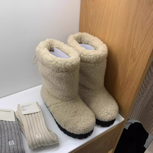 韓版保暖羊羔毛厚底雪地靴2025秋冬新款圓頭套筒加絨加厚中筒靴女