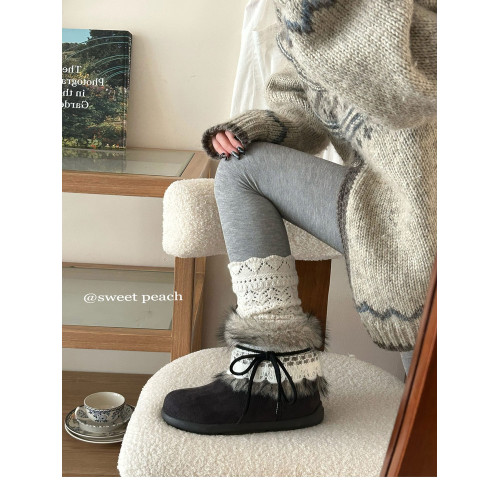 費爾島毛毛雪地靴女2025新款冬季加絨加厚保暖厚底短靴學生大棉靴