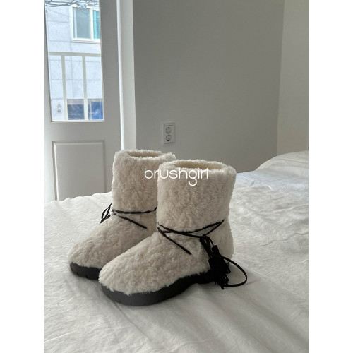 BRUSHGIRL白色毛毛鞋厚底東大門秋冬可愛系繩流蘇大頭雪地靴百搭
