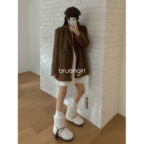 BRUSHGIRL白色毛毛鞋厚底東大門秋冬可愛系繩流蘇大頭雪地靴百搭