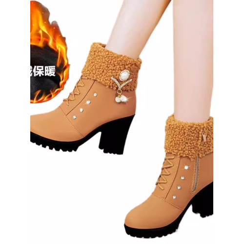 馬丁靴女加絨加厚冬季保暖高跟鞋2022新款棉靴英倫風粗跟短靴美觀
