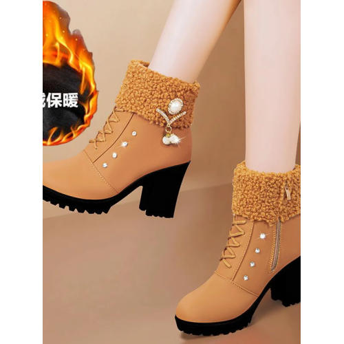 馬丁靴女加絨加厚冬季保暖高跟鞋2022新款棉靴英倫風粗跟短靴美觀