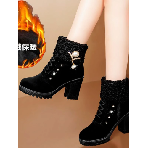 馬丁靴女加絨加厚冬季保暖高跟鞋2022新款棉靴英倫風粗跟短靴美觀