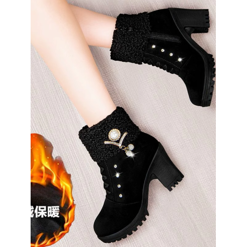 馬丁靴女加絨加厚冬季保暖高跟鞋2022新款棉靴英倫風粗跟短靴美觀