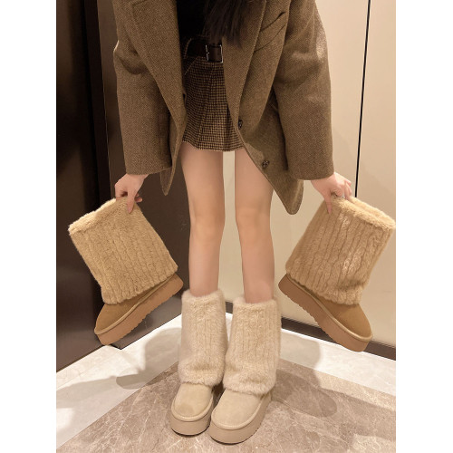 奶呼呼毛毛雪地靴女2024年冬季新款厚底增高中筒靴加絨加厚大棉鞋