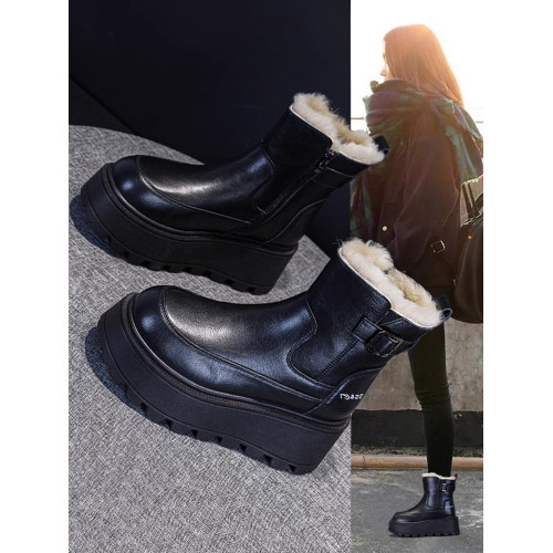 真皮雪地靴女款2025冬季新款加絨加厚厚底松糕增高馬丁靴短靴棉鞋