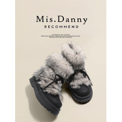 與愛私奔~毛毛防滑雪地靴女2025秋冬加厚毛絨厚底棉鞋大頭短靴子