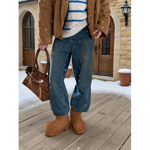 細細條 醜萌大頭雪地靴女冬厚底加絨加厚東北棉靴防滑保暖棉鞋ins