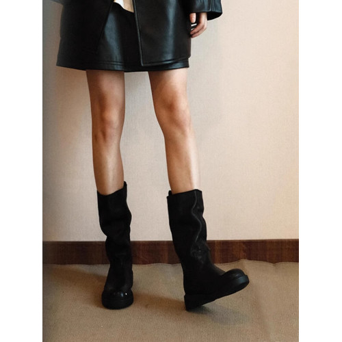 牛皮版~真皮復古黑色圓頭褶皺中筒靴子女堆堆靴英倫風騎士靴短靴