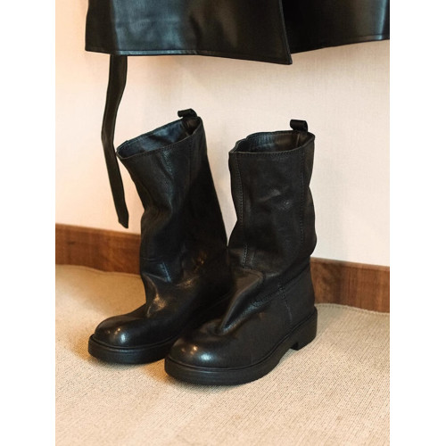 牛皮版~真皮復古黑色圓頭褶皺中筒靴子女堆堆靴英倫風騎士靴短靴