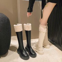 羊羔毛長筒靴子女2025冬季新款加絨雪地棉靴顯瘦厚底高筒騎士靴潮