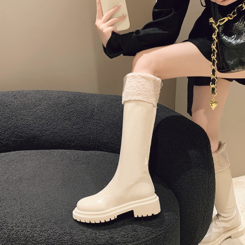 羊羔毛長筒靴子女2025冬季新款加絨雪地棉靴顯瘦厚底高筒騎士靴潮