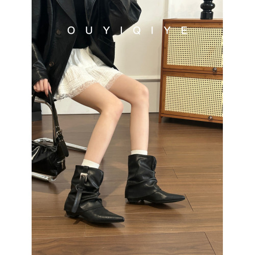 牛皮版~復古尖頭西部短靴女秋冬皮帶釦設計感小衆粗跟辣妹褲琯靴