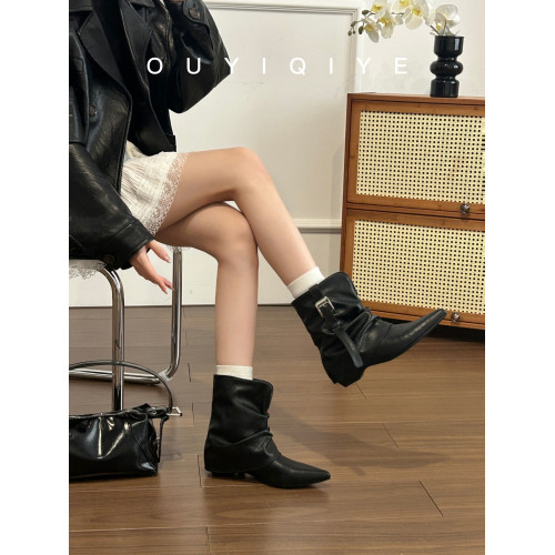 牛皮版~復古尖頭西部短靴女秋冬皮帶釦設計感小衆粗跟辣妹褲琯靴