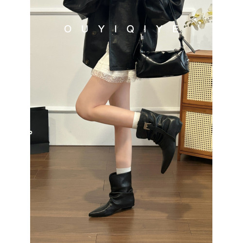 牛皮版~復古尖頭西部短靴女秋冬皮帶釦設計感小衆粗跟辣妹褲琯靴