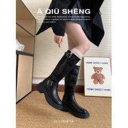 羊皮版~棕色長筒靴女2025年秋冬新款英倫風不過膝長靴厚底騎士靴