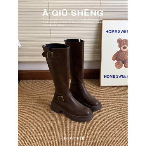 羊皮版~棕色長筒靴女2025年秋冬新款英倫風不過膝長靴厚底騎士靴