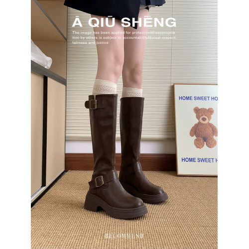 羊皮版~棕色長筒靴女2025年秋冬新款英倫風不過膝長靴厚底騎士靴