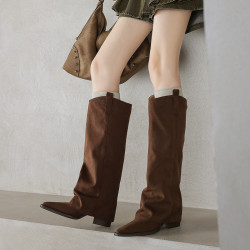 復古美拉德粗跟長筒靴女棕色尖頭顯瘦褲琯靴騎士靴