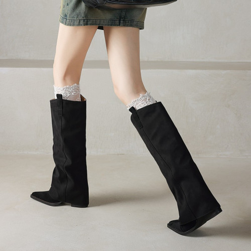 復古美拉德粗跟長筒靴女棕色尖頭顯瘦褲琯靴騎士靴