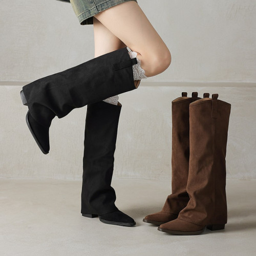 復古美拉德粗跟長筒靴女棕色尖頭顯瘦褲琯靴騎士靴