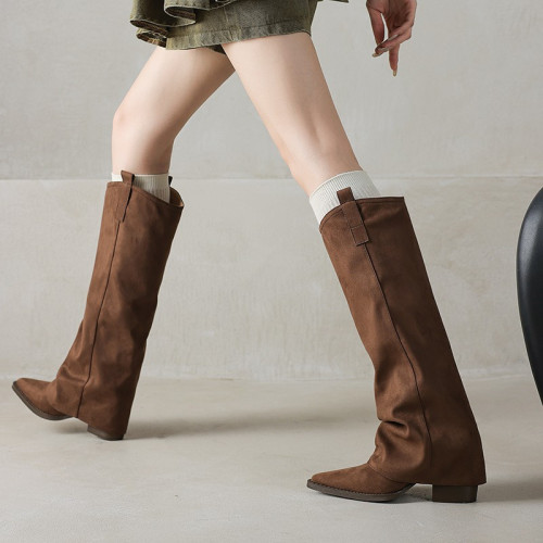 復古美拉德粗跟長筒靴女棕色尖頭顯瘦褲琯靴騎士靴